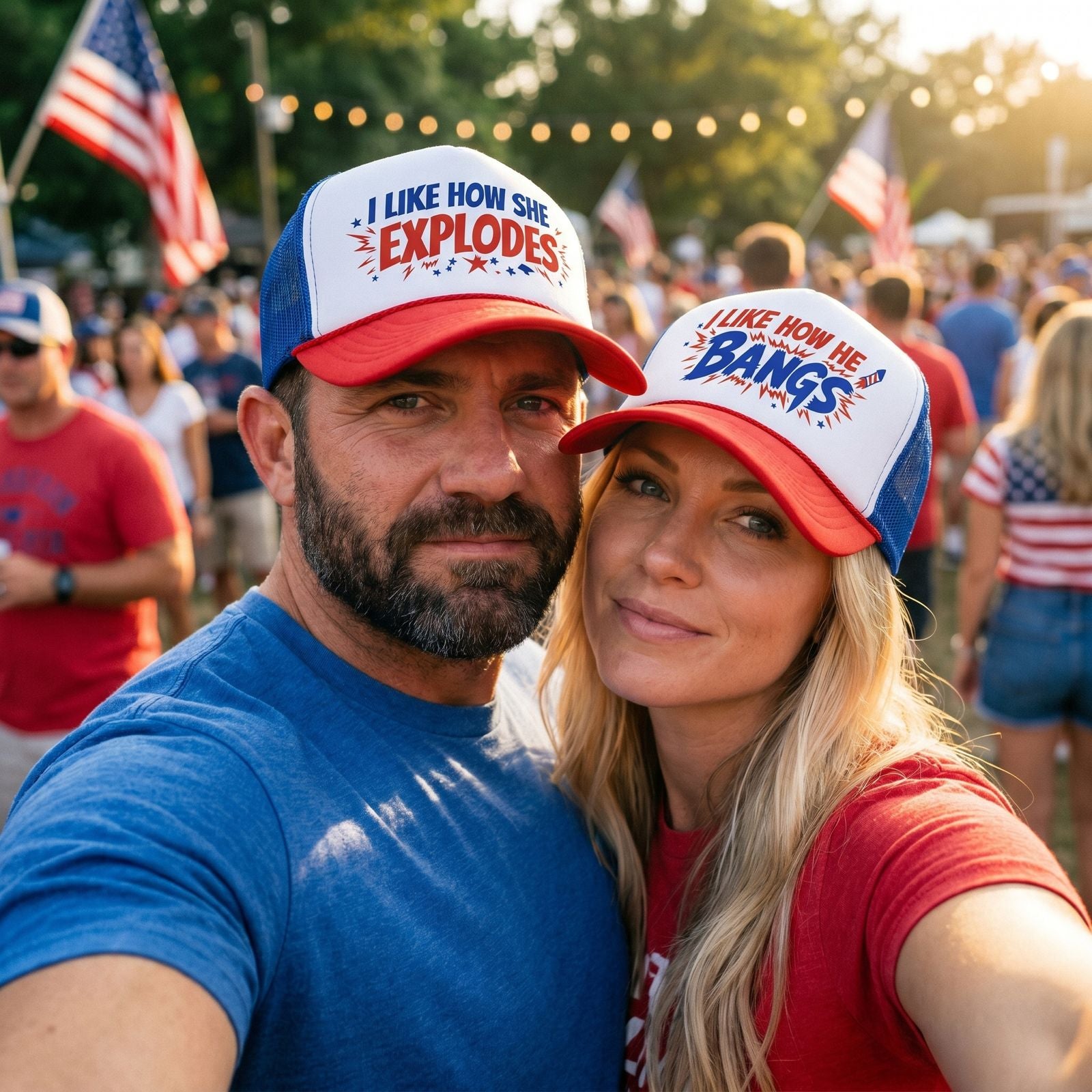 Couple wearing matching She Explodes and He Bangs caps