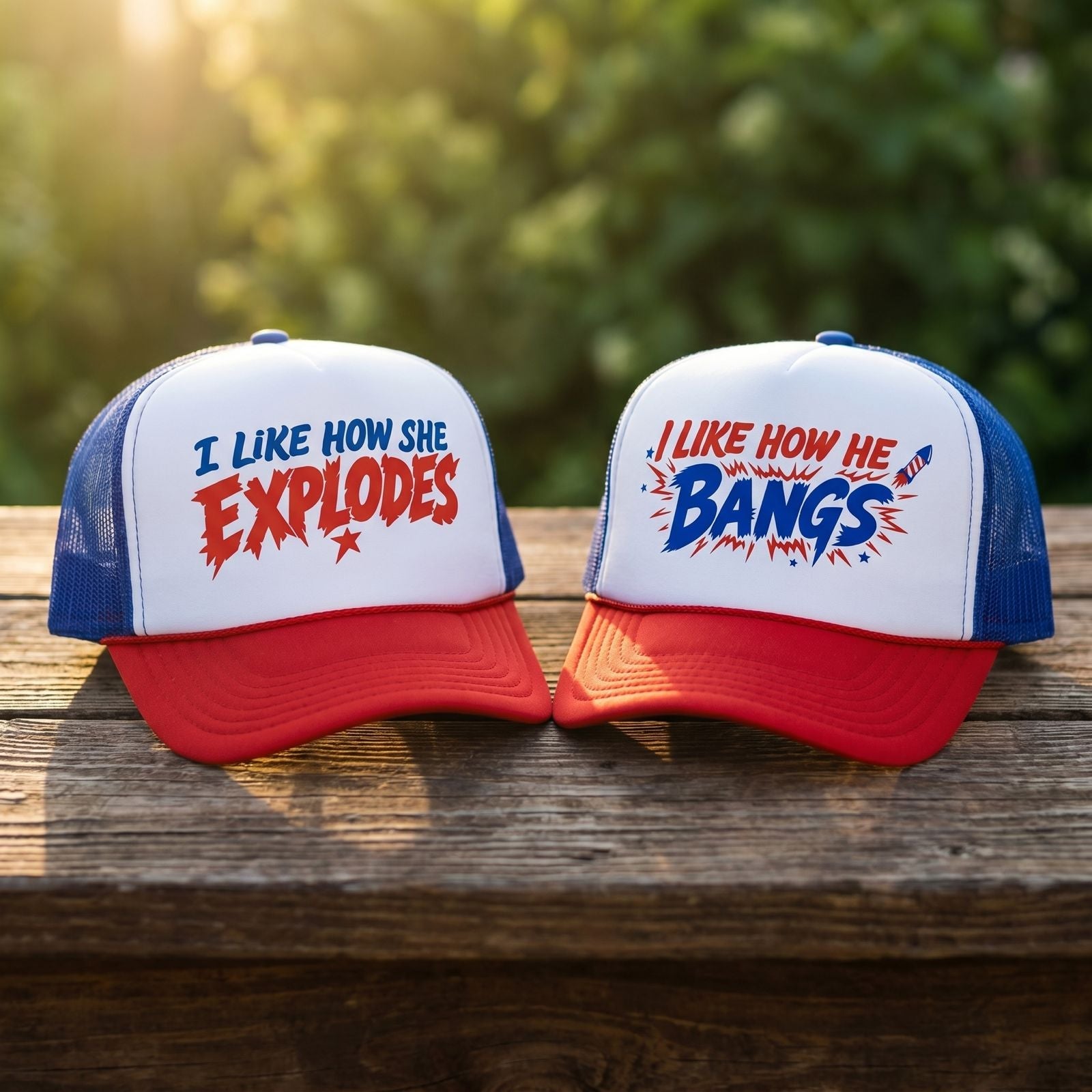 I Like How She Explodes trucker hat with matching He Bangs cap