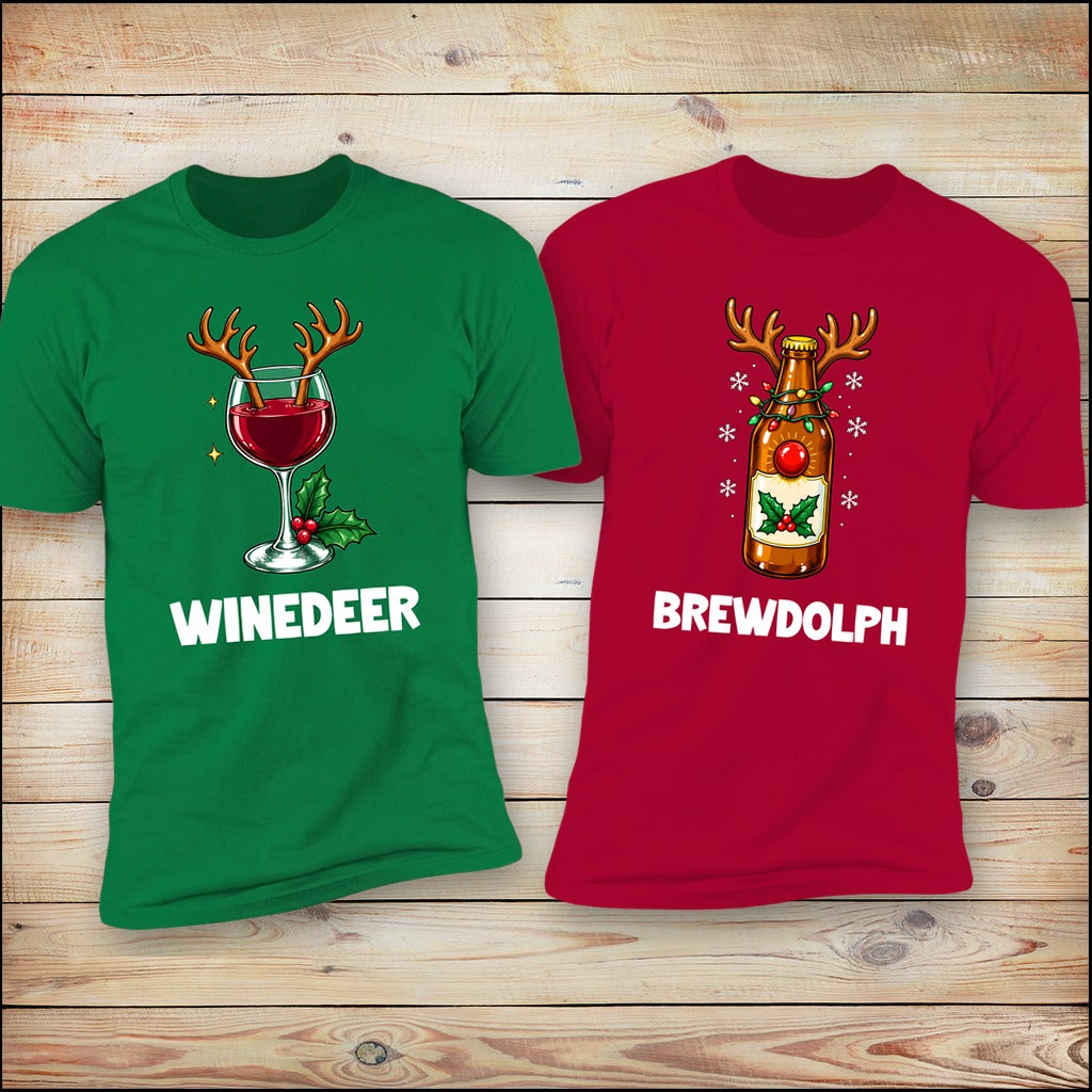 Brewdolph and Winedeer matching Christmas couples tees