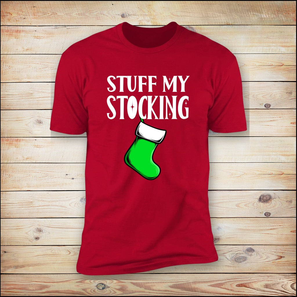 Stuff My Stocking red tee on wood