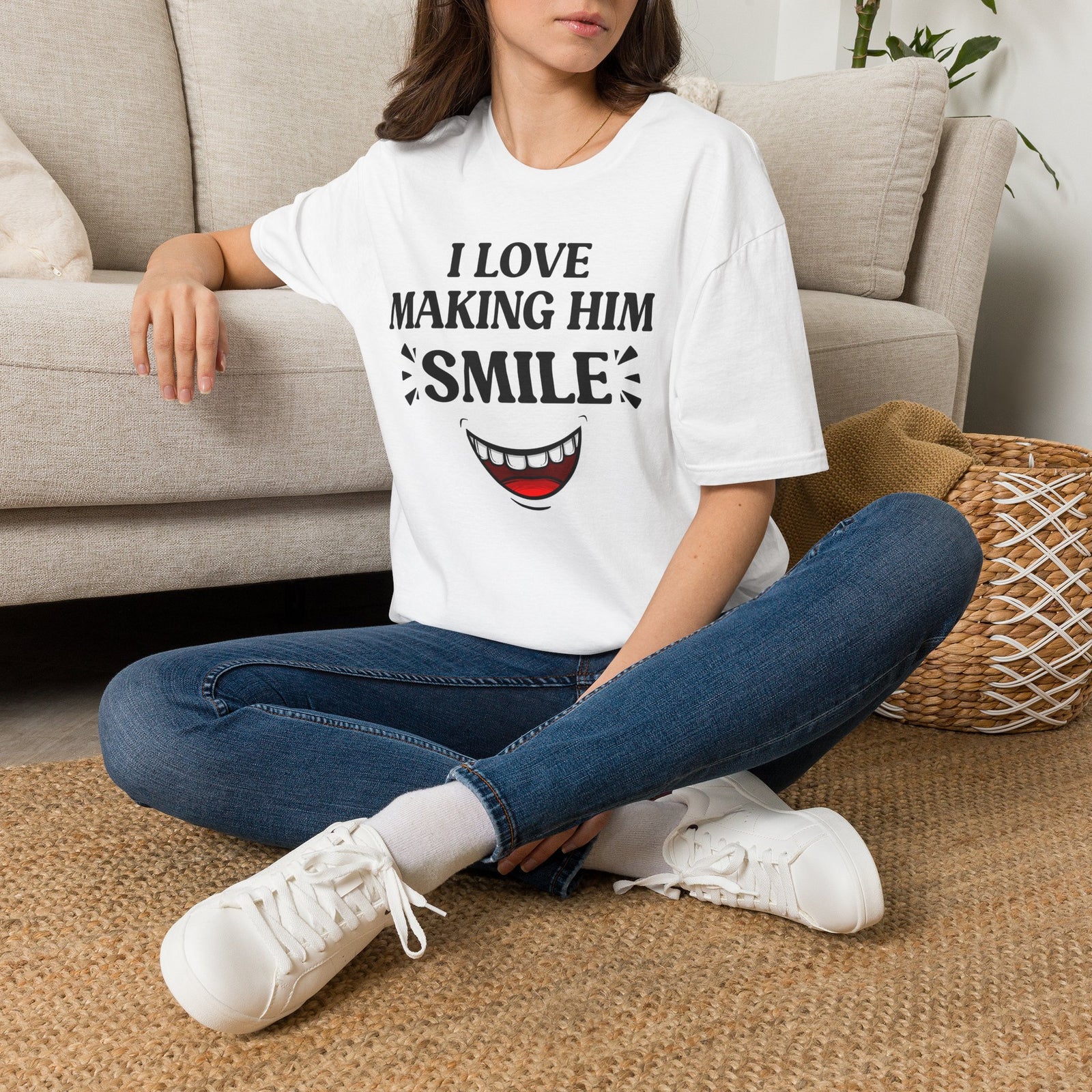 I Love Making Him Smile | Matching Couples Tee (She Wears)