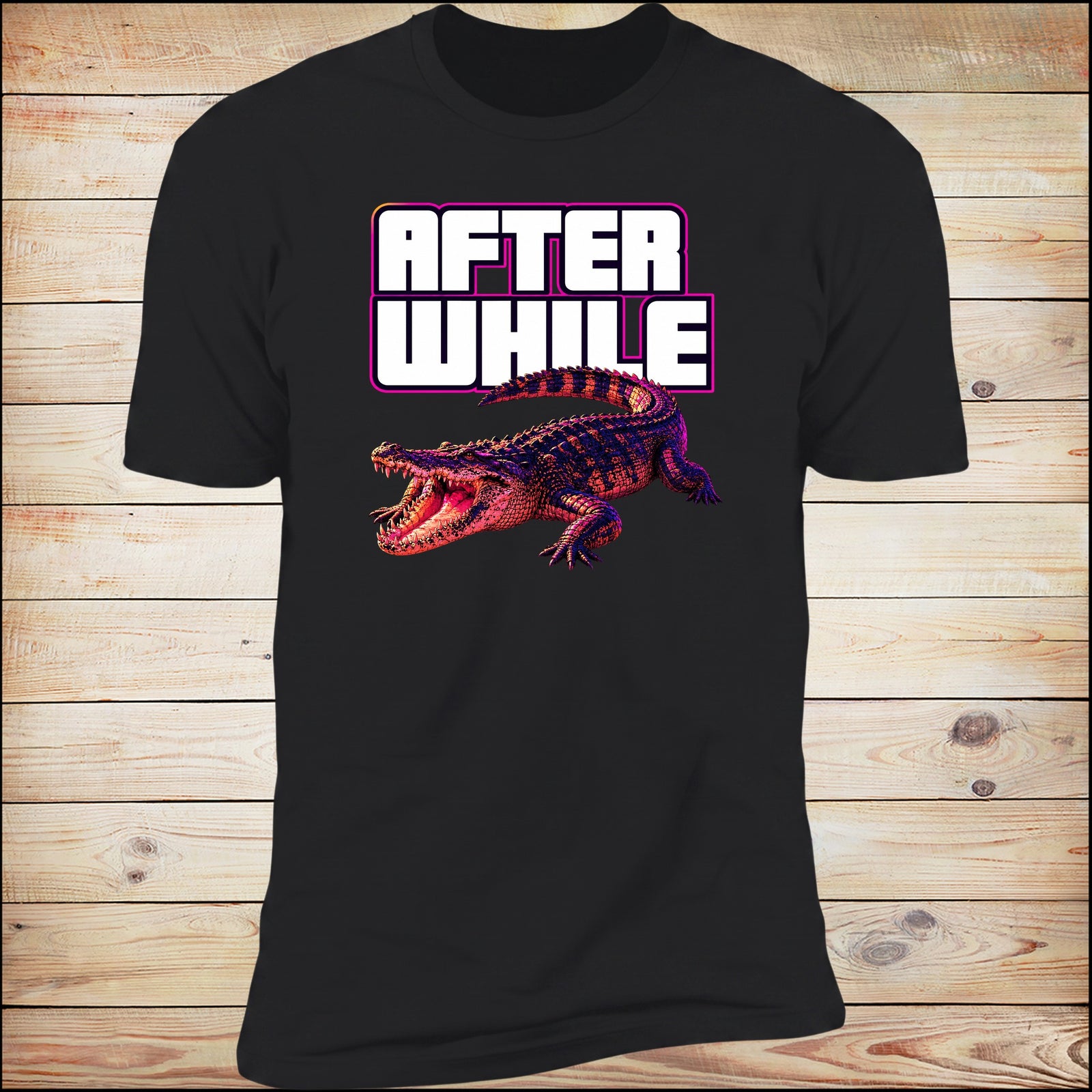After While crocodile tee on black, wood background