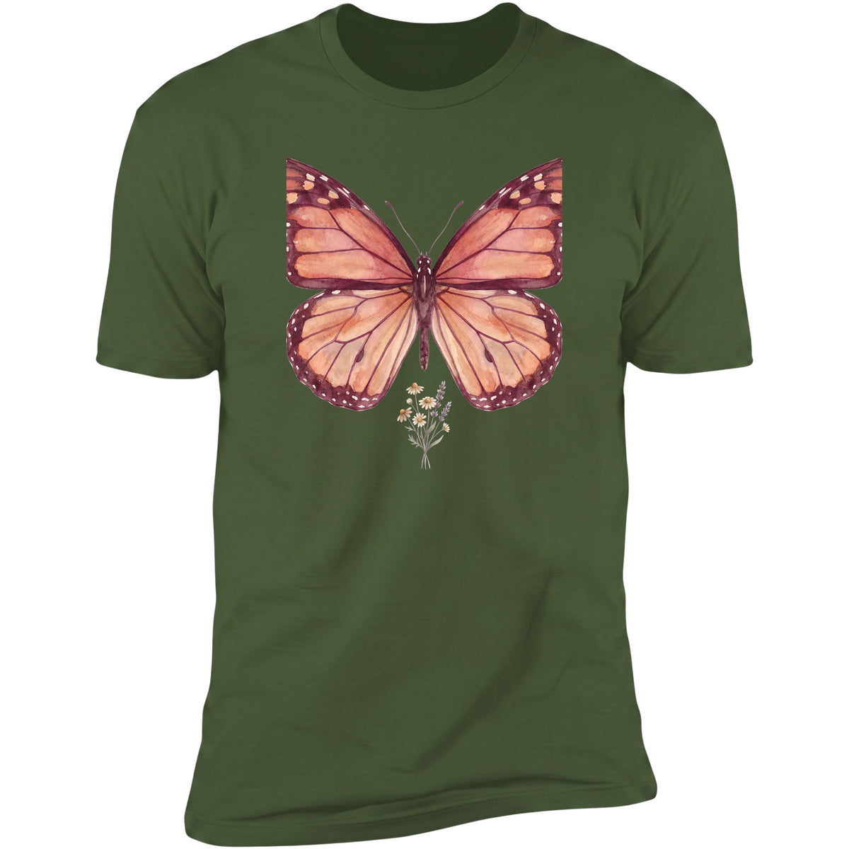 Butterfly on moss green tee (plain view)