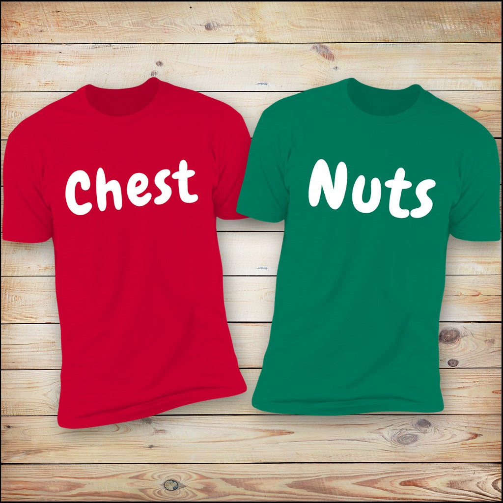 Chest and Nuts red green matching couples Christmas tees