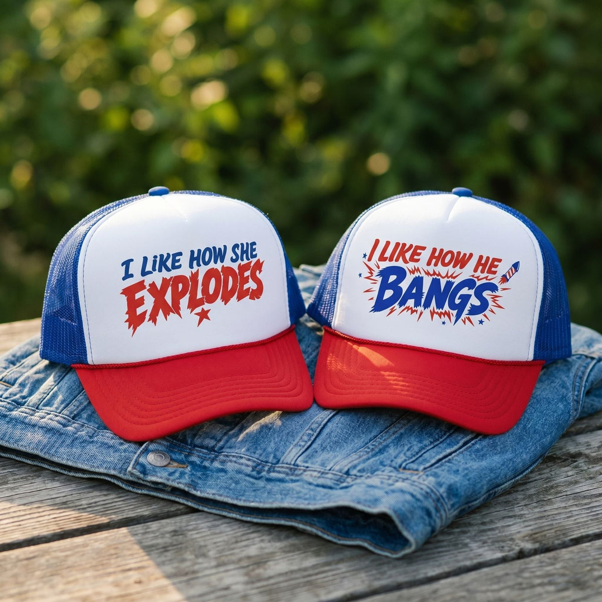 She Explodes He Bangs patriotic trucker hats styled on denim