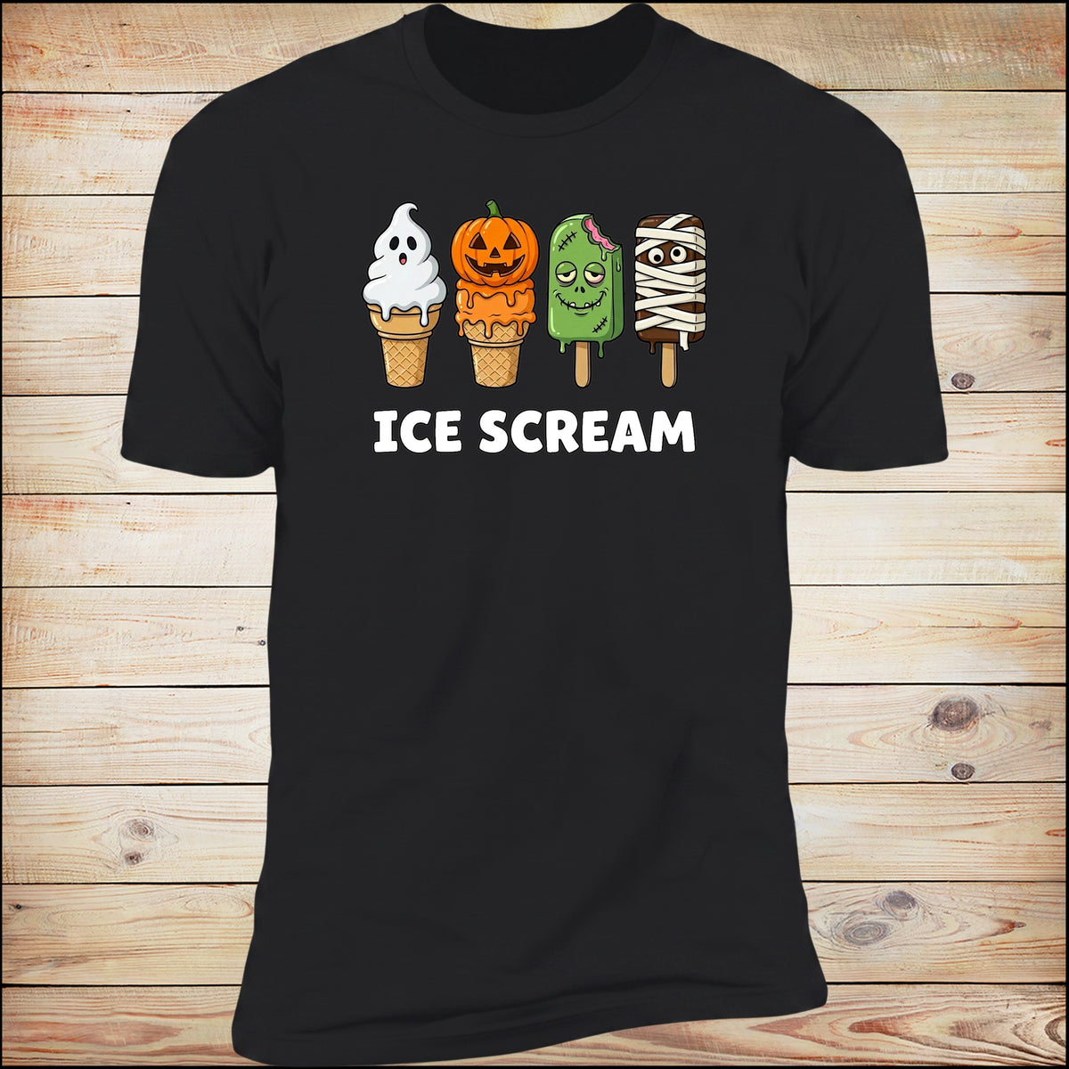 Ice Scream Deluxe Unisex Tee in Black on wood background