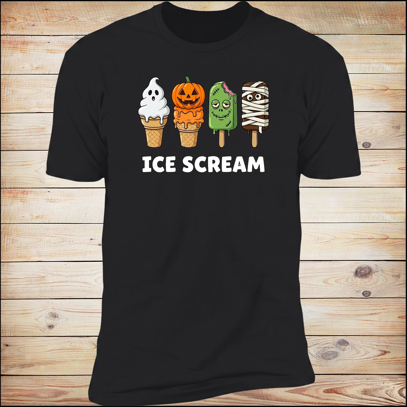 Ice Scream Deluxe Unisex Tee in Black on wood background