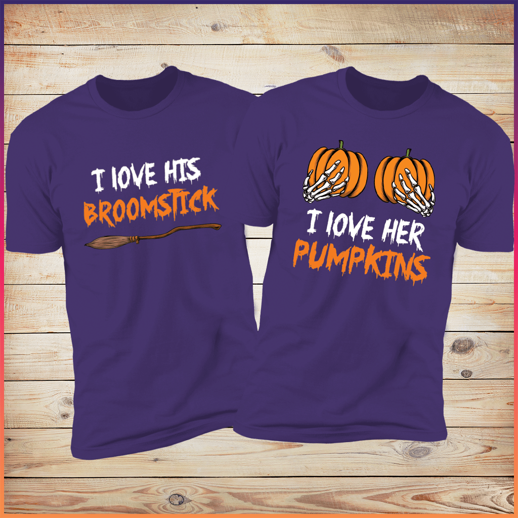 I Love His Broomstick & I Love her Pumpkins Deluxe Purple Tees