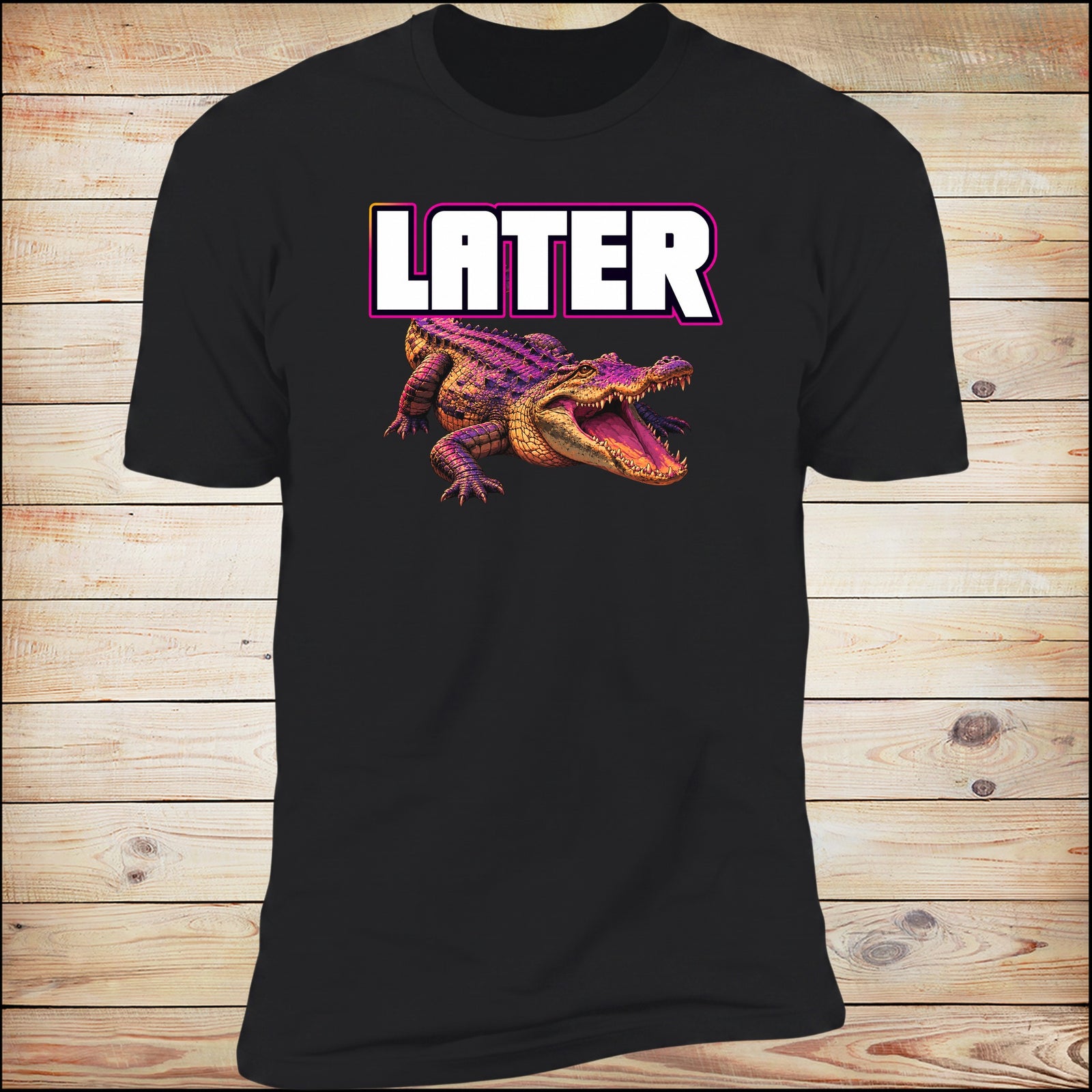 Later neon gator tee on black, wood background
