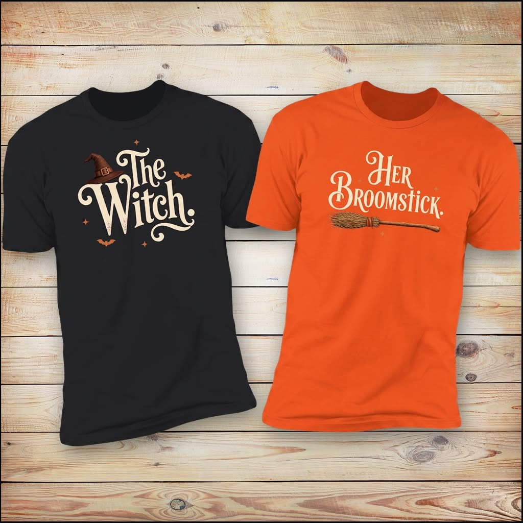 The Witch and Her Broomstick matching Halloween couples tees